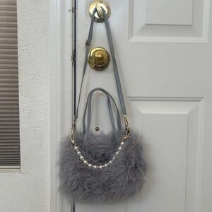 Gray Faux Fur Shoulder Bag with Pearl Chain